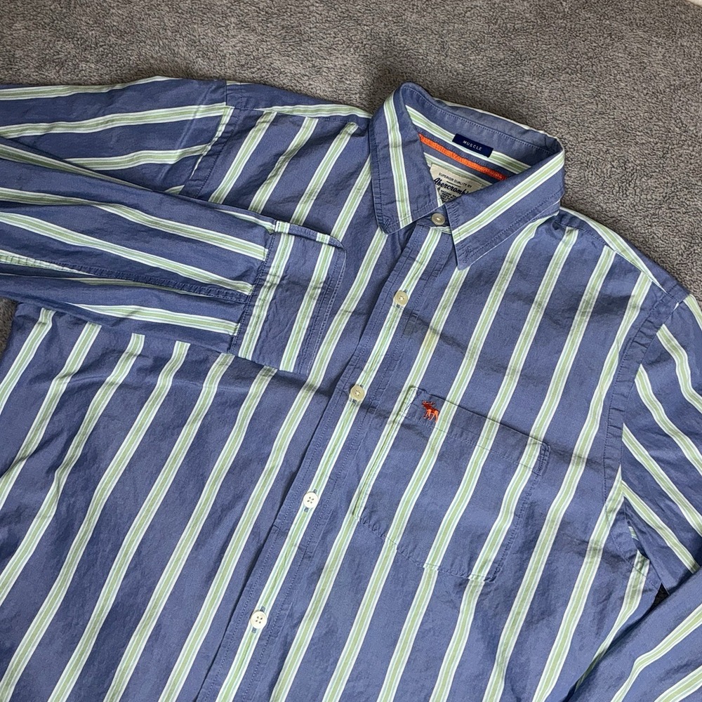 Abercrombie & Fitch Mens Blue Green Stripe Button Down Shirt Muscle Fit L‎